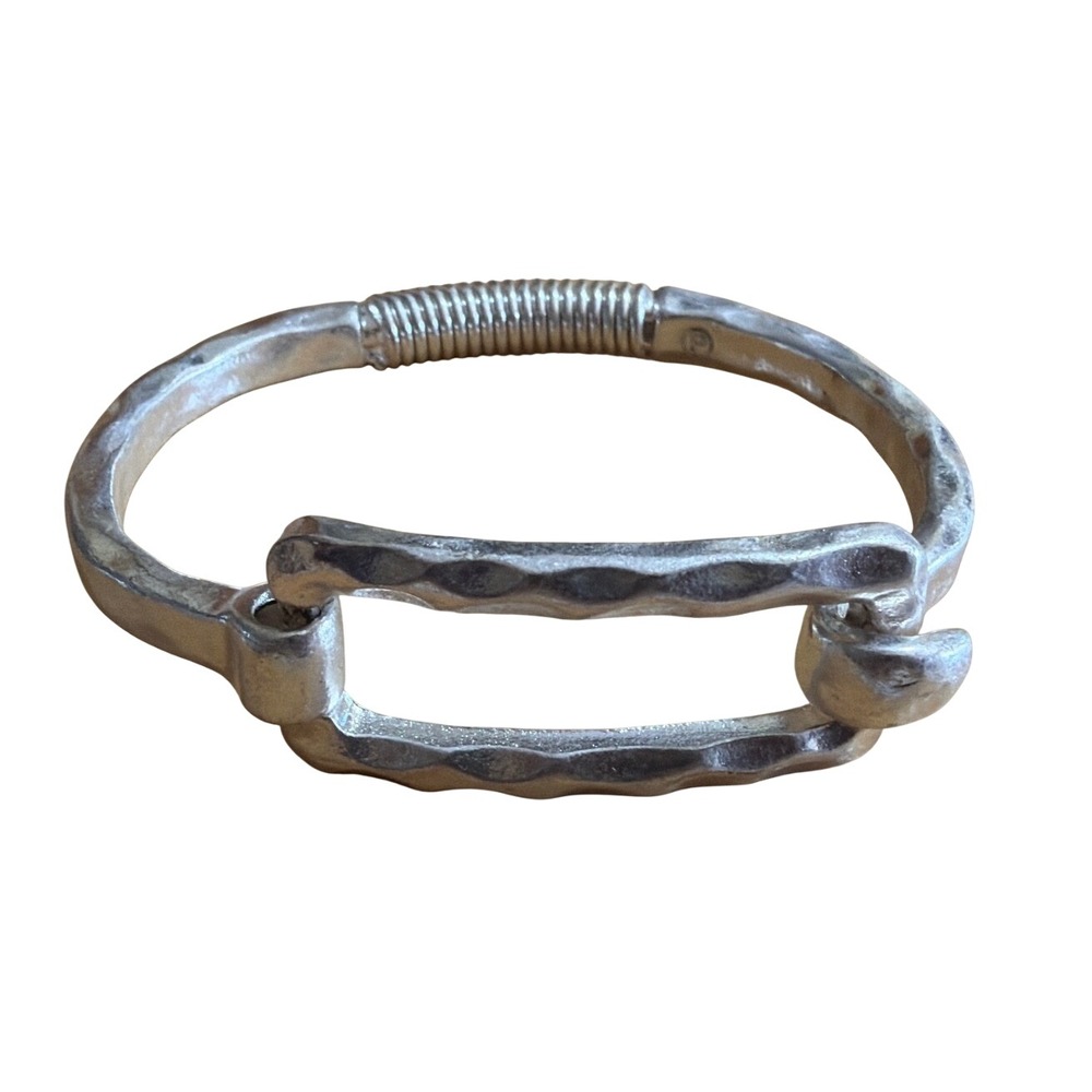 Hammered Silver Tone Industrial Spring Hinge Cuff Bracelet Rectangular Link